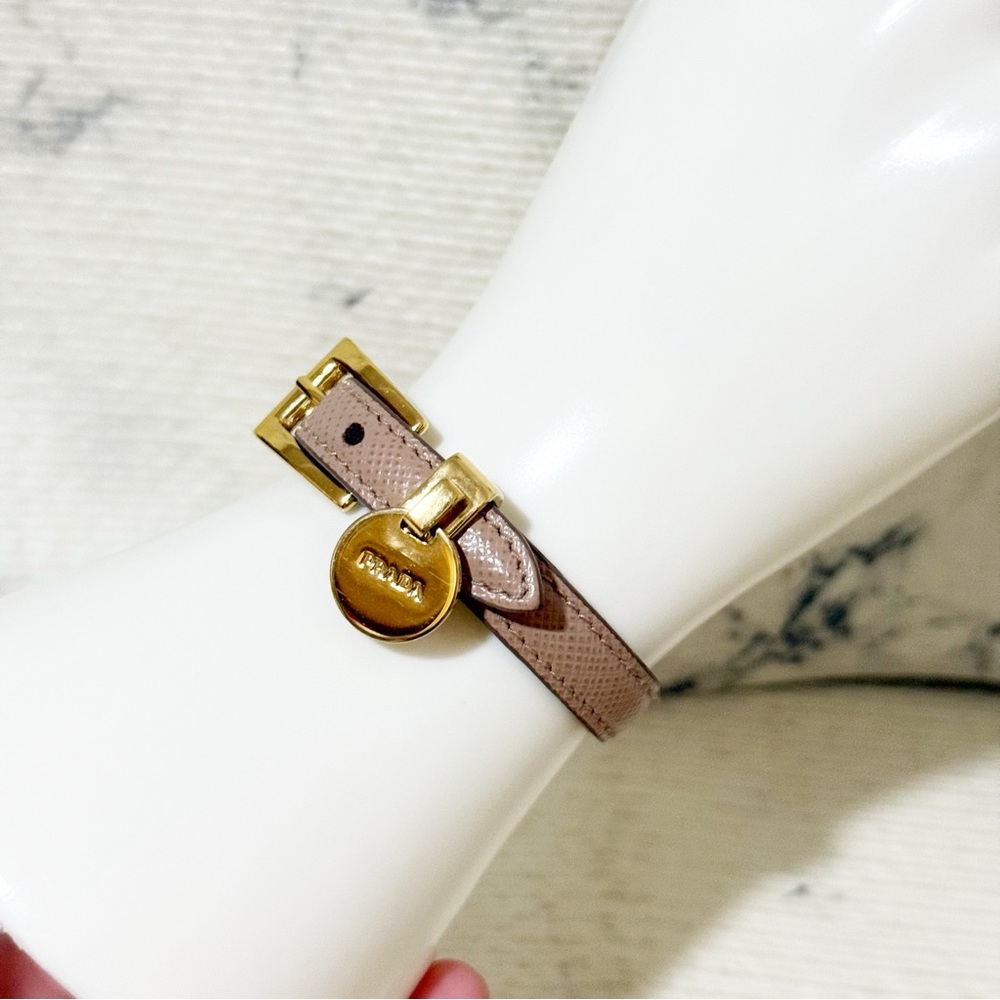 Prada Saffiano Leather Bracelet (Taupe with Gold Toned Hardware, Adjustable) - Picture 9 of 14